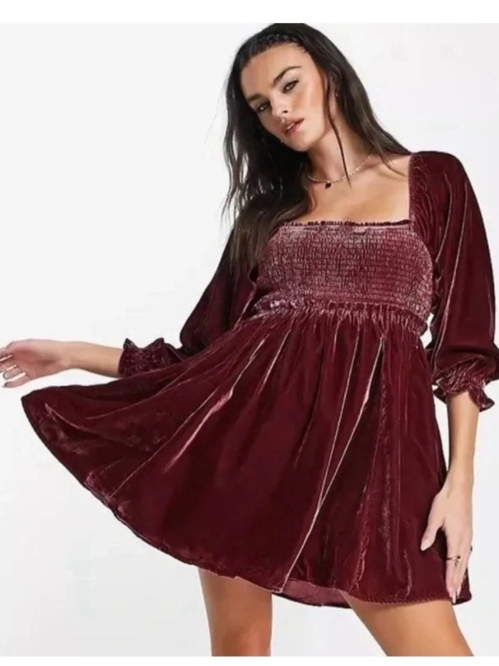 Free People Daphne‎ Velvet Mini Dress Open Lace-up Back, Deep Red, Maroon, Small